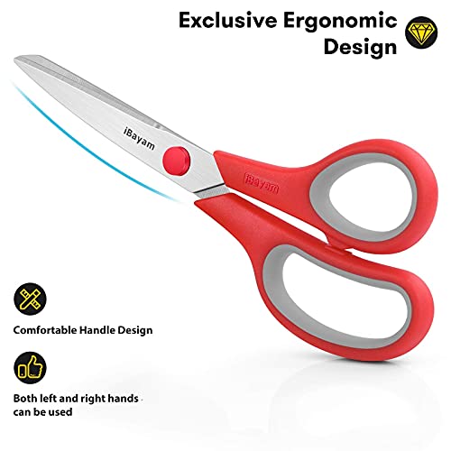 Image of iBayam 8.5 inch Household Scissors All Purpose 3 Pack, Red Black Blue Scissors | Ultra Sharp 2.5mm Thick Blade Shears Comfort-Grip for Office Desk Sewing Fabric Home Craft School Supplies, Right /Left Handed