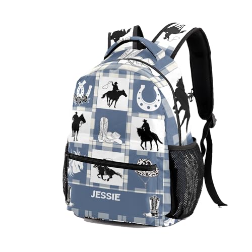 Personalized Name Cowboy Boot Hat Plaid Bookbag with Name,Custom Name Giftize Back Pack, Fashion, Adjustable Shoulder Straps2