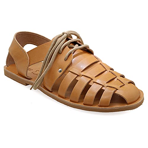 40 Beige Emmanuela Fischer Sandalen für Herren mit Schnürsenkeln, handgefertigte Ledersandalen aus Leder im antikem griechischem Stil, hochwertige Riemchensommerschuhe in Schwarz, Braun, Beige