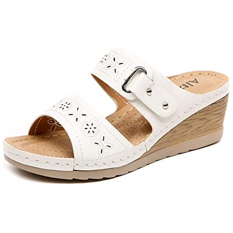 Altxic Women's Comfort Open Toe Cut-Out Vamp Casual Slide Wedge Sandals, White, 7 UK Cover