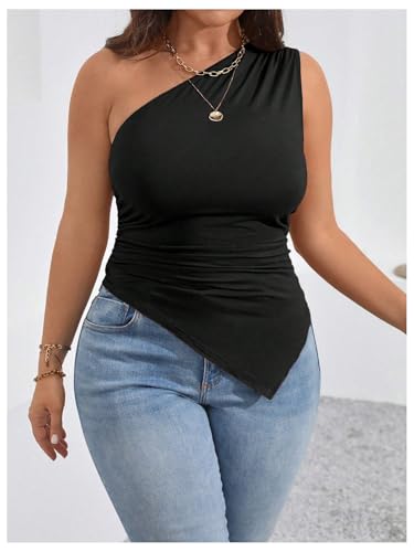WDIRARA Women's Plus Size One Shoulder Tank Top Ruched Asymmetrical Sleeveless Tops3
