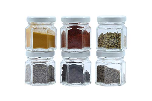 Image of Cute Hexagonal 50 grams Airtight Glass Jar Containers for Honey, Spices & other Kitchen Items with Rust Proof White Color Caps -Set of 06