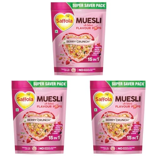 Image of Saffola Muesli Fruit & Nut Berry Crunch with Flavour Pops, 700 gm | 15 in 1 Fruit and Nuts, Seeds, Millet & more | Cereals for breakfast rich in wholegrain, protein, fibre (Pack of 3)