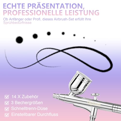 Gyfent Airbrush Set, Airbrushpistole mit 4 Schnelltrenn-Düsen (0,2/0,3/0,5/0,8 mm) Dual-Action-Schwerkraft Air Brush mit 1/4oz Flüssigkeitsbecher und 20/40ml Harzbecher für Nagelkunst Make-up Malerei