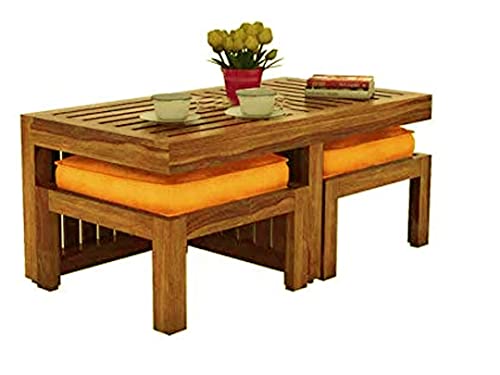 Image of Jangid Handicraft Solid Sheesham Wood Coffee Table with 2 Stool | Rectangle Sofa Centre Table with Stool | Tea Center Table with 2 Stools for Living Room | Patio Teapoy Table with Two Puffy, Teak