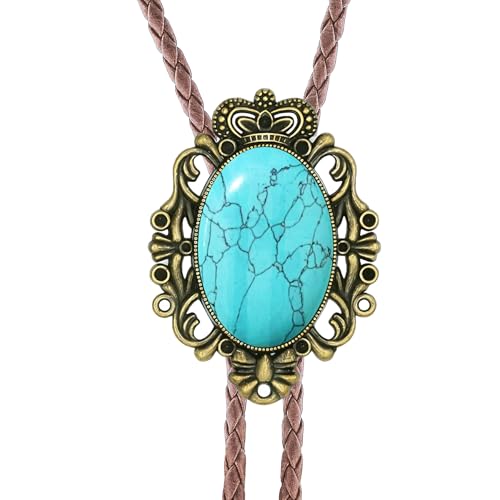Image of GelConnie Bolo Tie for Men Women Western Cowboy Turquoise Leather Necktie | Natural Stone Bolo Tie Necklace for Women Rodeo Cowboy Leather Necktie Native American Western Cowgirl Ties Adjustable Cord