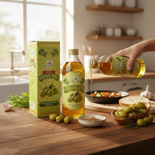 Image of LAXMI ORGANIC Pure Olive Oil 3 Litre Family Pack | Cold Pressed Jaitun Ka Tel | 100% Pure Edible Oil for Cooking, Hair & Skin Care | Rich in Antioxidants & Vitamin E | Daily Use Oil