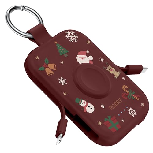 Image of RORRY Portable Charger, 5000mAh Portable Charger Power Bank with Built-in Cables, Travel Keychain Battery Pack for Apple Watch Ultra /11 /10 /9 /8 /7 /6 /SE, iPhone Air /17 /16 /15 /14 /13 /12, Christmas Red