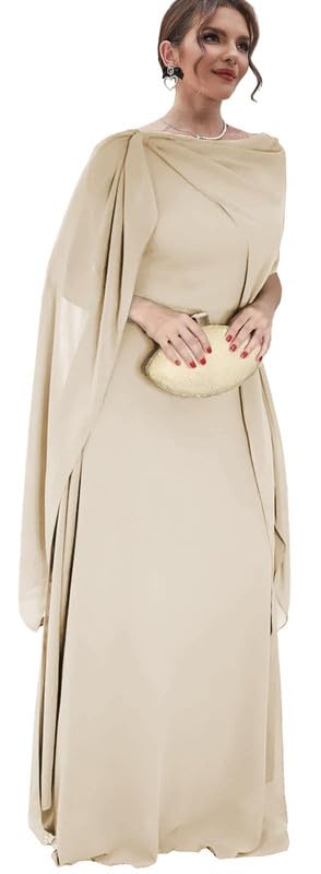 Women's Chiffon Long Mother of The Bride Dresses with Cape Scoop Neck Evening Formal Party Dress for Wedding3