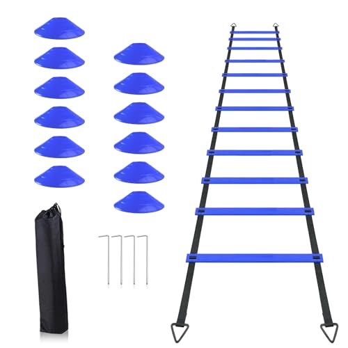 HOTGOSP Fussball Trainingszubehör, 6m Koordinationsleiter, 12 Hütchen, Fußballtrainer und Springseil, Fußball Trainingsset Sachen, Fußball Geschenke für Jungs Kinder (Blue2)
