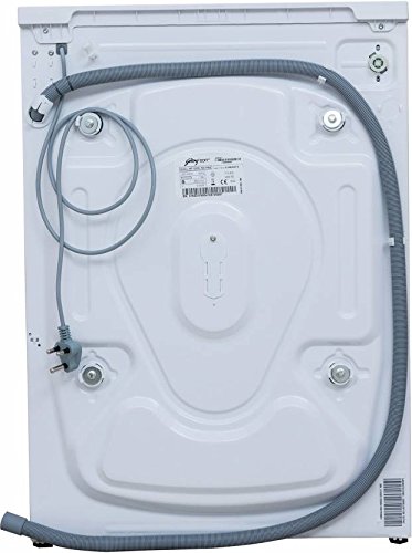 Zadní view of the Godrej WF Eon 700 PAE washing machine, showing water inlet and drain hoses, and power cord.