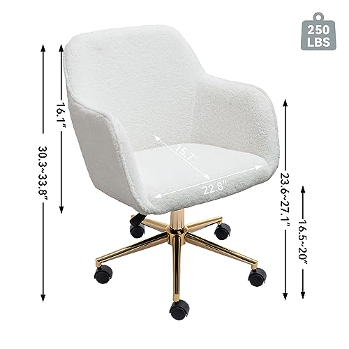 Image of FOXHUNTER Vanity Chair with Wheels 360 Swivel, Teddy, White | Home Office Desk Chairs,Adjustable Height Accent Chair for Living Room,Bedroom
