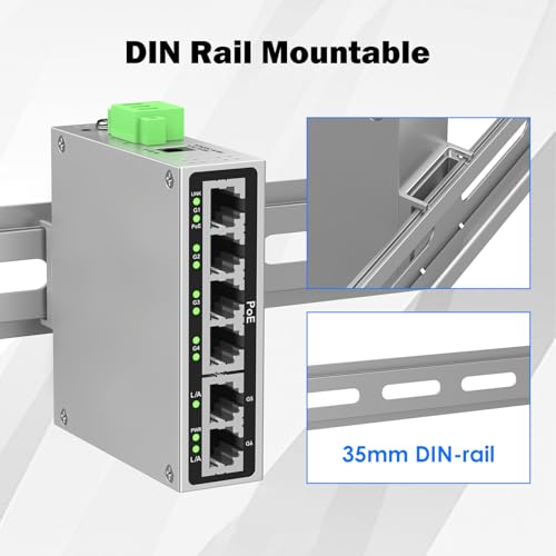 Image of Industrial 4-Port Full Gigabit POE+ Switch with 60W UL Power Supply, 2 Gigabit Uplink Port, 6 Port DIN-Rail POE Switch for IP Cameras, VoIP Phones, Wireless APs