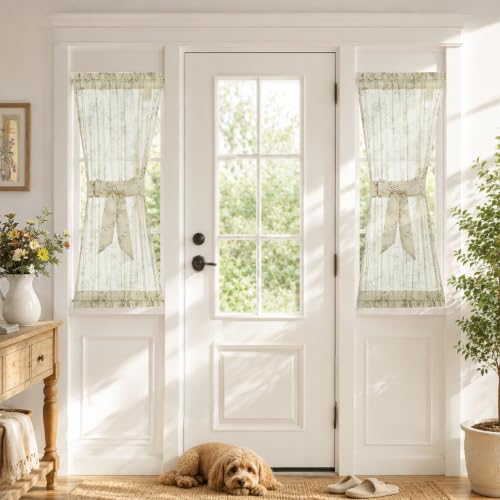 Image of jinchan Green Linen Floral French Door Curtains 40 Inch Rod Pocket 2 Panels