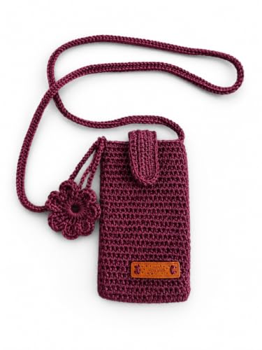 Image of Handmade Crochet Mobile Pouch for Women & Girls | Knitted Phone Holder with Wrist Strap | Cute Floral Aesthetic Mobile Cover Case | Soft Yarn Handmade Gift (Magenta)