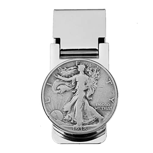 US 1938 Walking Liberty Half Dollar 90% Silver Coin Hinged Money Clip NEW - Silver Plated Coin Bezel