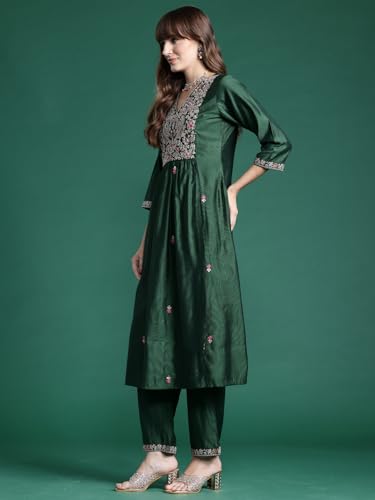 Image of INDO ERA Women's Viscose Embroidered A-Line Kurta and Pant with Dupatta Set (SHUTR6107)