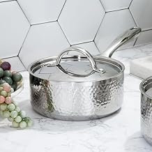 BergHOFF Vintage Tri-Ply 18/10 Stainless Steel Saucepan 7in 2qt. With Matching Lid, Hammered, Long and Ergonomic Shaped Handle, Induction Cooktop, Silver