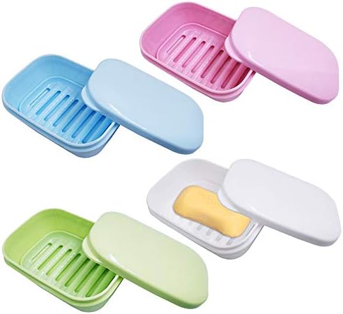Sonku 4 Pack Soap Box Holder, Plastic Soap Dish Container with 4 Pack Soap Saver and 10 Pack Toothbrush Head Covers for Bathroom Shower Home Travel Camping Gym-Green,White,Blue,Pink