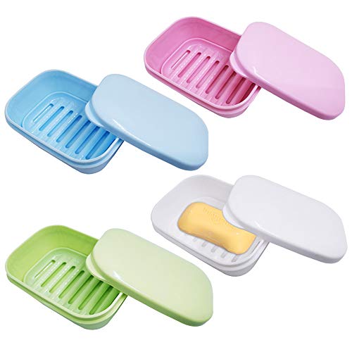 Sonku 4 Pack Soap Box Holder, Plastic Soap Dish Container with 4 Pack Soap Saver and 10 Pack Toothbrush Head Covers for Bathroom Shower Home Travel Camping Gym-Green,White,Blue,Pink