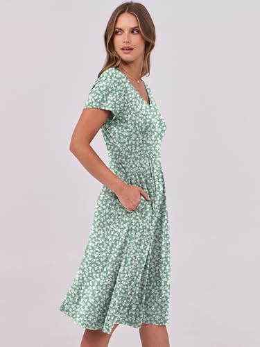 Image of ANRABESS Women Summer Dress Casual Short Sleeve V Neck A-Line Knee Length Pleated Flowy 2026 Fashion Midi Dresses with Pocket