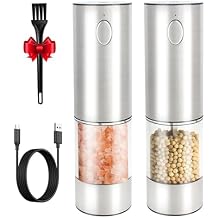 KUFUNG Electric Salt & Pepper Grinder - Automatic Spice Mill Set with Adjustable Coarseness - Refillable for Black Peppercorn & Sea Salt - USB Charge - Rechargeable Silver-2 Pack