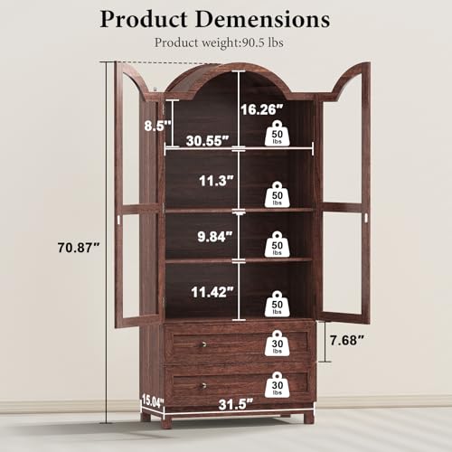 Image of EasyCom 71 inch Tall Arched Kitchen Cabinet, Walnut Pantry Storage with Doors | 4 Adjustable Shelves, 2 Large Drawers, Glass Doors, Anti-Tipping Kit, Versatile Modern Farmhouse Cupboard for Kitchen, Dining