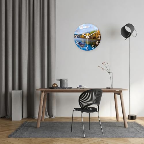 Image of XFM Natural Landscape Wall Clock 14 Inch Lake Boat | Silent Non-Ticking Battery Operated Modern Glass Nature Decorative for Living Room Kitchen Bedroom Office