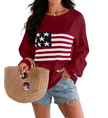 Image of Dressmine Womens American Flag Sweater Knit Long Sleeve Crew Neck Graphic Elegant Soft Loose Pullover
