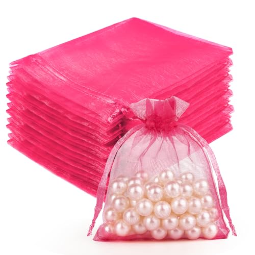 Image of Crweety 50 Pcs 3x4 Inch Hot Pink Organza Bags, Small Mesh Gift Bags for Birthday, Baby Shower, Bridal Shower Party Favor, Wedding Treat Goodie Bag, Candy, Delicate Jewelry Pouches for Graduation