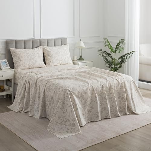 Image of Light Beige Vintage Floral Percale Sheets, Full Size 100% Cotton Flower Leaf Printed French Country Bed Sheets, Soft Crisp Deep Pocket Farmhouse Sheet Set, Cottagecore Designer Bedding, 4Pcs