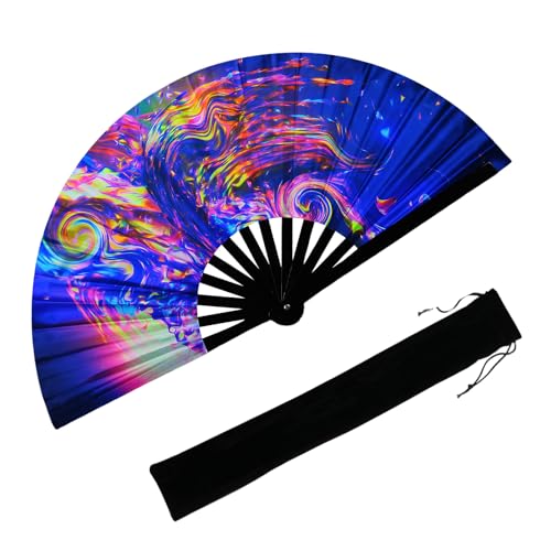 YKuzLx 13‘’ UV Glow Large Rave Fan for Men Women, Decorative Folding Hand Fan for Party, Home Decoration, Gift, Music Festival Essential, EDM Rave Accessories (Waves)