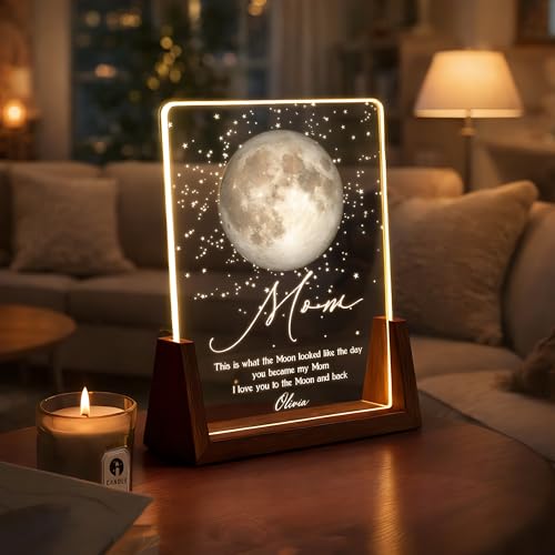 Giantbighands Personalized Moon Phase Frame Night Light Gift for Mom Custom Mommy Mama Universe Night Light Plaque with Kids Name Birthdate Gifts for Mothers Day Birthday Christmas