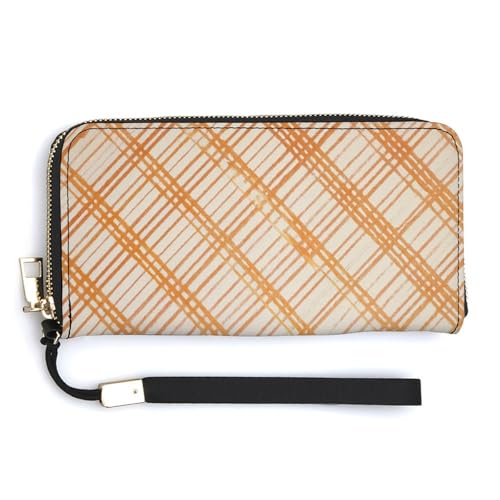 Autumn Orange Diagonal Checkered Patterns PU Leather Clutch Long Bifold Wallet, Coin Purse Credit Pass Case, Durable Card-Holder Money Storage for Women Men