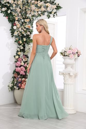 Women's One Shoulder Bridesmaid Dresses Long Ruched Chiffon A Line Formal Party Dress with Pockets2