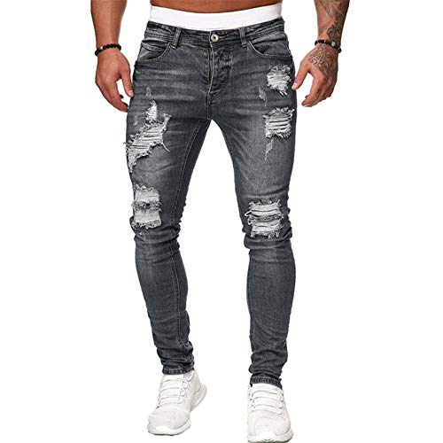 Schlichte modische Biker-Jeans für Herren, gerissene Skinny Jeans, Distressed Destroyed Holes, Hip-Hop-Denim-Hose, Grau, M