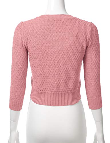 FLORIA Women's Button Down 3/4 Sleeve Crew Neck Cotton Knit Cropped Cardigan Sweater LIGHTPINK M