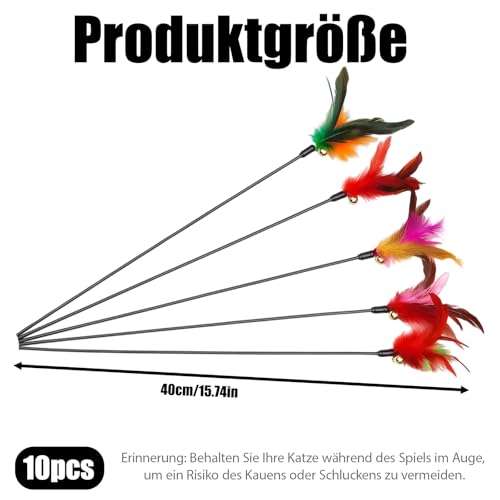 10 Stück Katzenangel Feder, Katzenspielzeug Angel mit Federspielzeugen, 40 cm Länge, für interaktives Spiel und Bewegung, Kätzchen Und Katzen,Katzenspielzeug – Bild 3