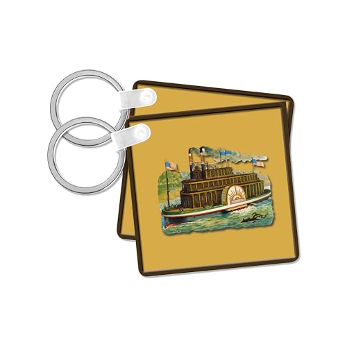 3dRose, Steam Paddle Boat on the River Smoke Stacks and US Flags, set of 2 Key Chains