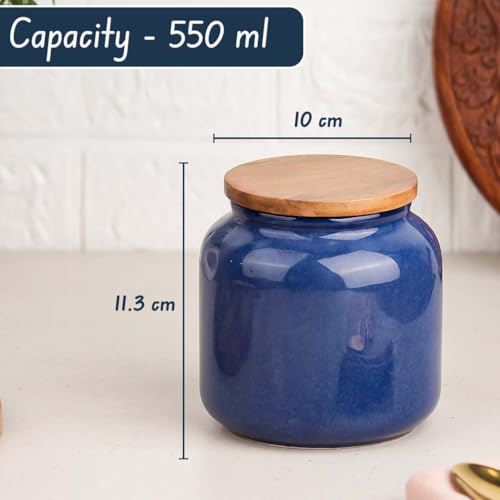 Image of The Earth Store Galaxy Blue Handcrafted Ceramic Jar Set of 2, 550 ML | Wooden Air Tight Lid Jars for Pickles /Achar, Chutney, Sauces, Salt, Candy and Spices | Ceramic Jar for Kitchen, Gifting