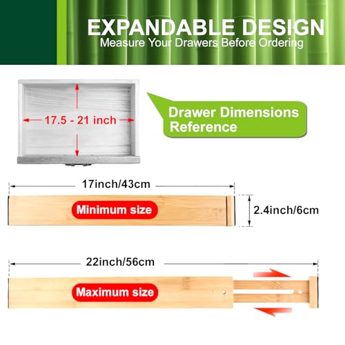 Kitchen Drawer Dividers, Adjustable Bamboo Drawer Organizer (17-22"), Expandable Utensil Organizer for Kitchen Storage, Closet, Dresser (4 Pack) - Image 3