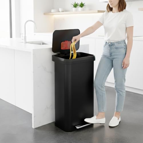Image of iTouchless SoftStep 20 Gallon / 75 Liter Extra-Large Outdoor & Indoor Recycling Bin, Matte Black Stainless Steel, Heavy-Duty Step Trash Can with Odor Filter, Dent-Proof Lid for Garage, Patio, & Office