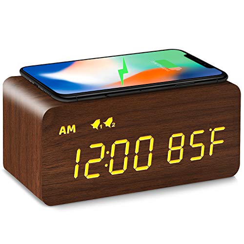 Mosito Digital Wooden Alarm Clock With Wireless Charging, 0-100% Dimmer, Dual Alarm, Weekday/Weekend Mode, Snooze, Wood Led Clocks For Bedroom, Bedside, Desk, Kids (Brown) #TOP6