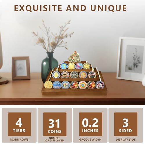 Soporte exhibidor para monedas 4 niveles de madera sólida miniatura 5