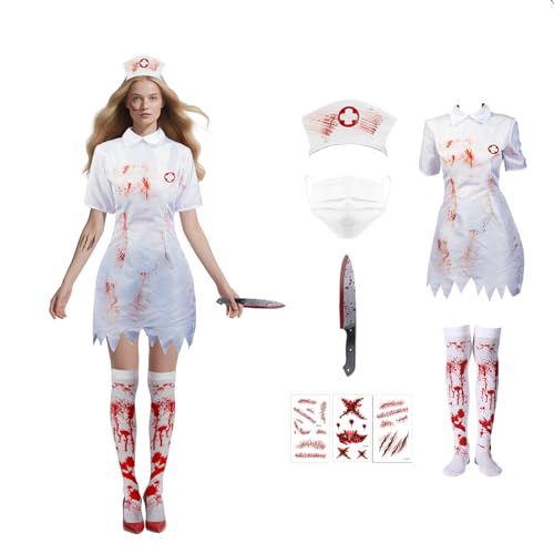 Halloween Kostüm Damen Zombie Krankenschwester Kleid 5 Stück Krankenschwester Kostümzubehör mit Haarband Strümpfen Aufkleber, Gruseliges Zombie...