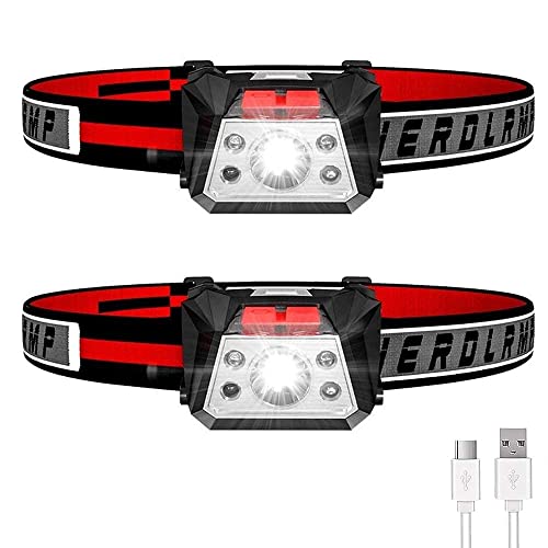 Rechargeable Headlamp, Ultralight Comfortable Super Bright Motion Sensor Headlight, Waterproof, 5 Lighting Modes & SOS Red Light, Perfect for Camping Hiking Walking (2 Pack)