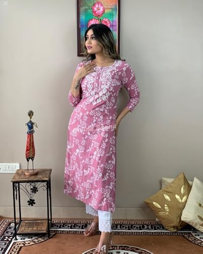 Image of Women Rayon Embroidered Straight Kurti (Pink & White) LD-110-Pink Kurt