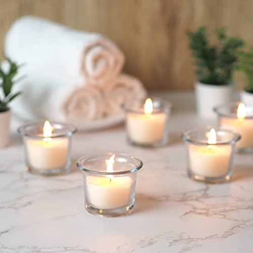 Image of HOSLEY Oyster Cup Clear Glass Filled Candles 48 Pack Ivory Hand Poured Unscented Wax Candles for Home Restaurants Shabbat Church Weddings Romantic Moments Party Spa Meditation