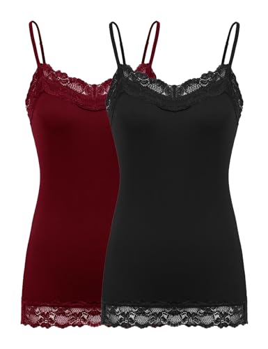 Image of Kate Kasin Women's Adjustable Spaghetti Strap Lace Trim Cami Tunic Tank Top 2PACK