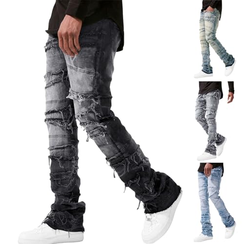 Ripped Jeans Men, Mens Stacked Jeans Retro Slim Fit Destroyed Straight Denim Pants Harajuku Hip Hop Trousers2